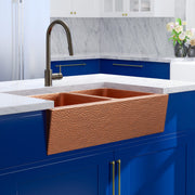 36" Atoka Hammered Copper 60/40 Offset Double-Bowl Farmhouse Sink