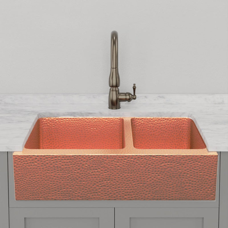 36" Atoka Hammered Copper 60/40 Offset Double-Bowl Farmhouse Sink