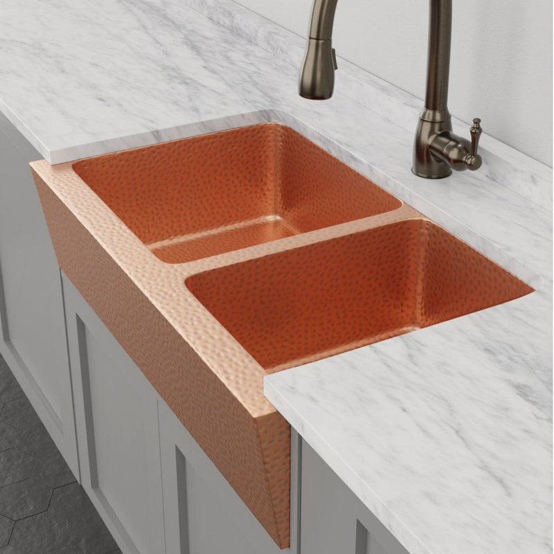 36" Atoka Hammered Copper 60/40 Offset Double-Bowl Farmhouse Sink
