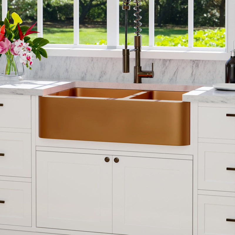 36" Dolton Smooth Copper 60/40 Offset Double-Bowl Farmhouse Sink