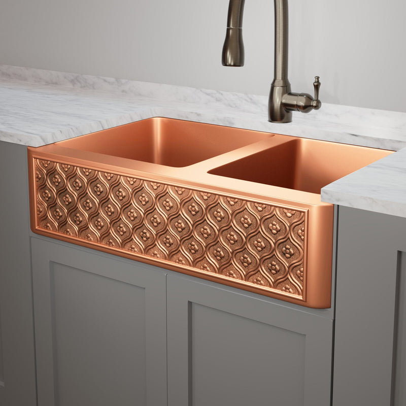 36" Gancher Copper Embossed Floral Design 60/40 Double-Bowl Farmhouse Sink