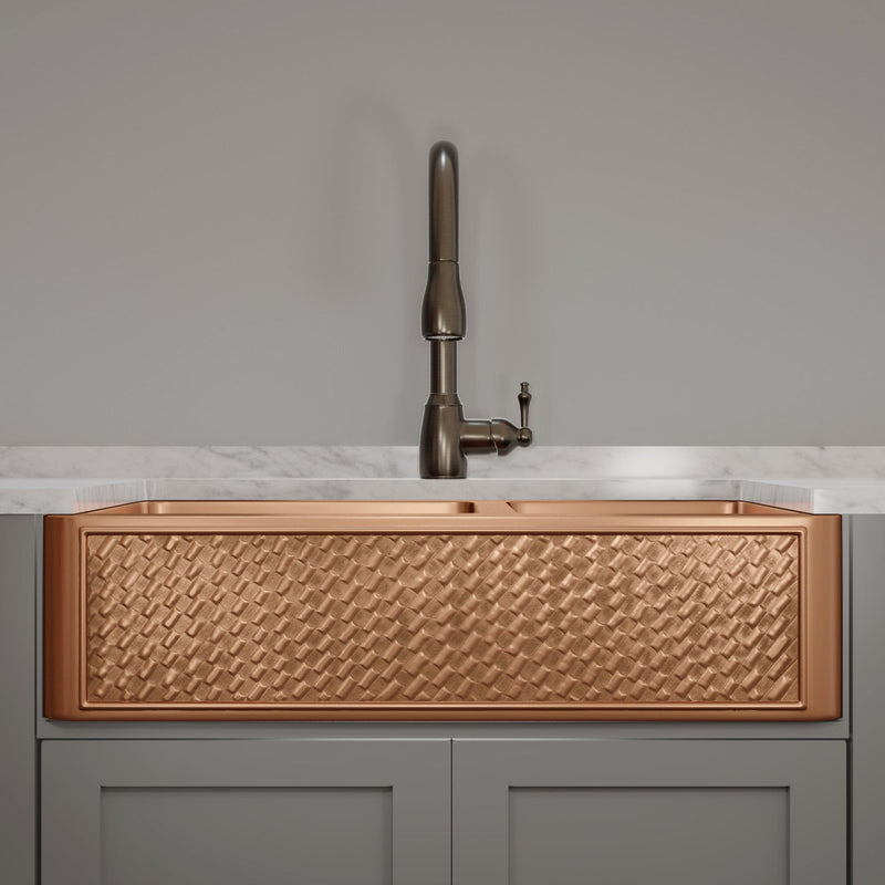 36" Ganston Copper Embossed Weave Design 60/40 Double-Bowl Farmhouse Sink