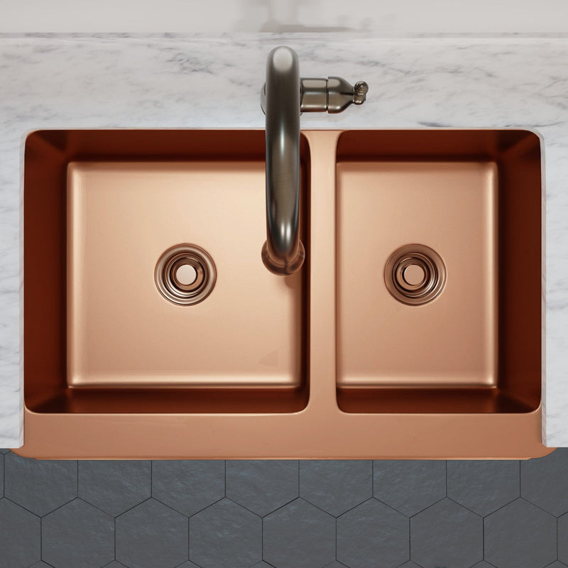 36" Ganston Copper Embossed Weave Design 60/40 Double-Bowl Farmhouse Sink