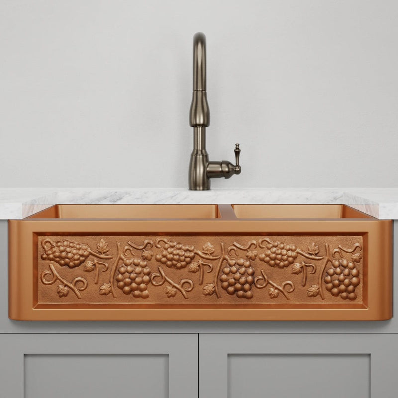 36" Lynn Copper Grape Design 60/40 Offset Double-Bowl Farmhouse Sink