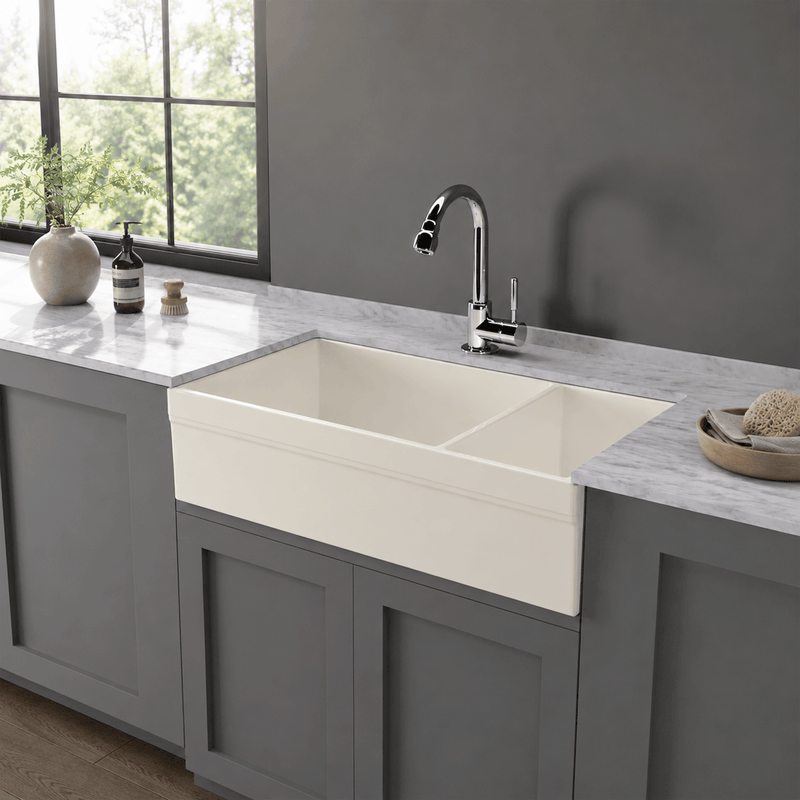 36" Upton Fireclay Decorative Lip 80/20 Offset Double-Bowl Farmhouse Sink