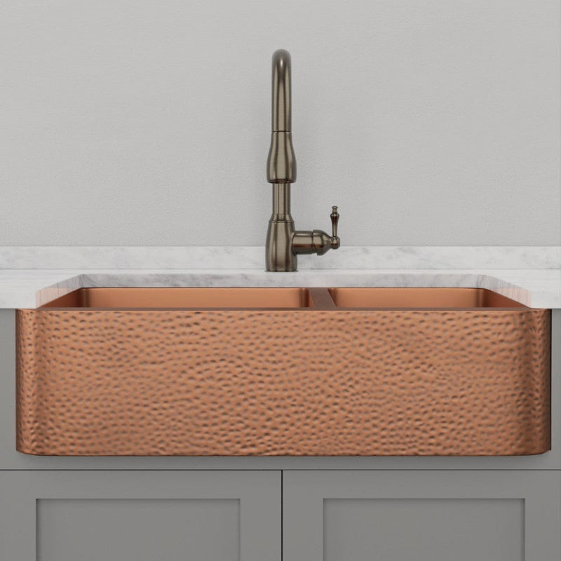 36" Wheaton Copper Hammered Apron 60/40 Offset Double-Bowl Farmhouse Sink