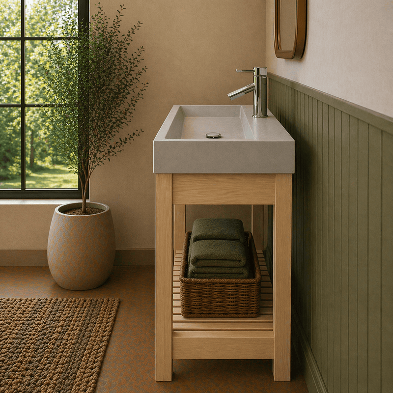 39" Amador Rectangular Cast Concrete Vessel Sink with Wood Stand - White Sandstone