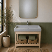 39" Amador Rectangular Cast Concrete Vessel Sink with Wood Stand - White Sandstone