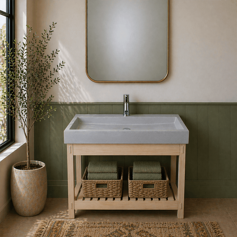 39" Amador Rectangular Cast Concrete Vessel Sink with Wood Stand - White Sandstone