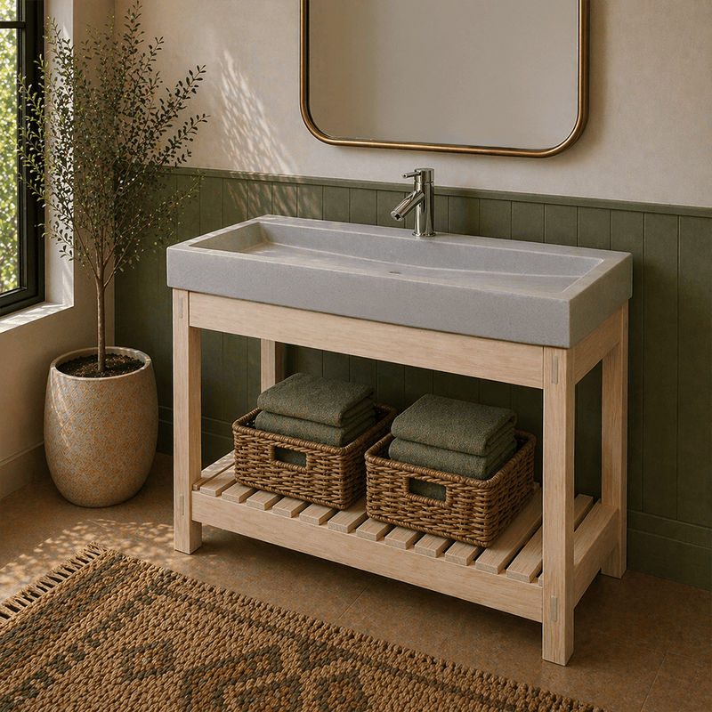 39" Amador Rectangular Cast Concrete Vessel Sink with Wood Stand - White Sandstone
