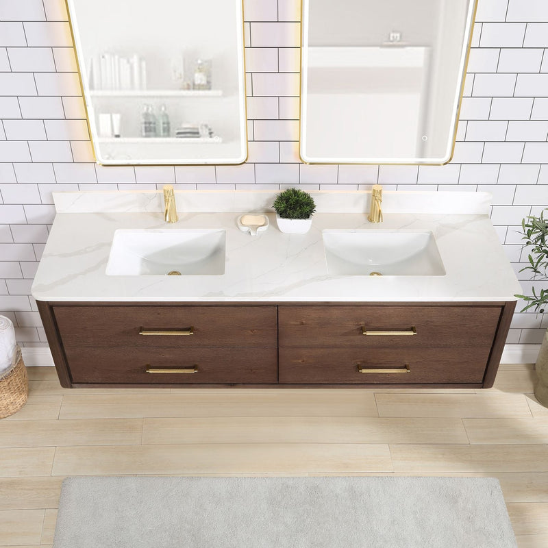 Vinnova 706672-AD-BK Cristo 72" Floating Double Bath Vanity in Aged Dark Brown Oak with Fish Maw White Quartz Stone Top