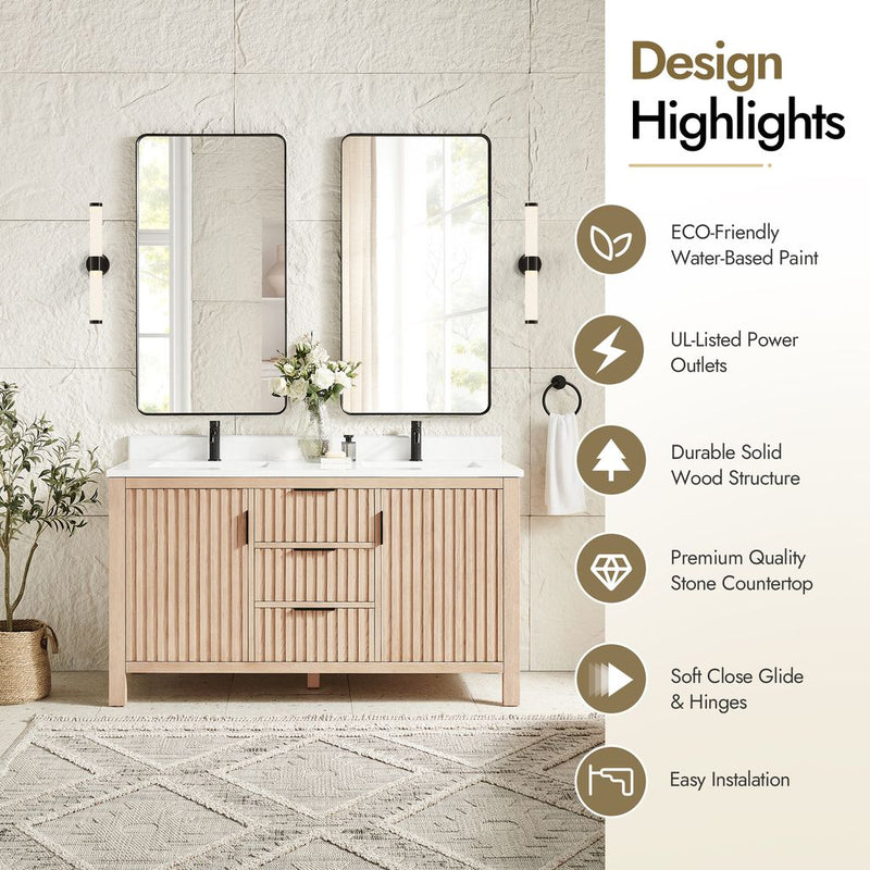 Vinnova 704260M-AN-GW Shenzhen 60M" Double Sink Bath Vanity in Aged Natural Oak