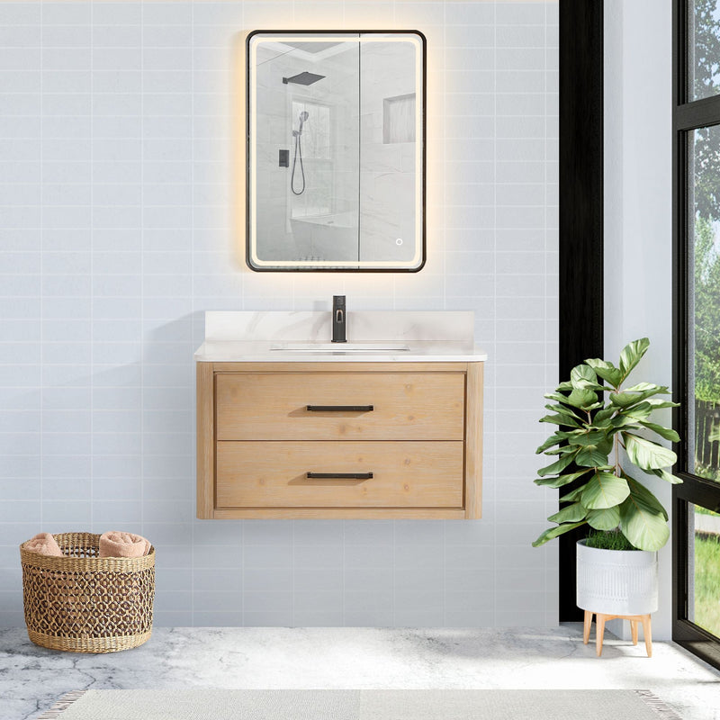 Vinnova 706636-FN-BK Cristo 36" Floating Single Bath Vanity in Fir Wood Brown with Fish Maw White Quartz Stone Top