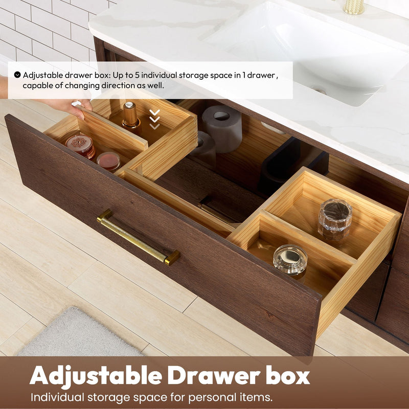 Vinnova 706660M-AD-BK Cristo 60M" Floating Double Bath Vanity in Aged Dark Brown Oak with Fish Maw White Quartz Stone Top - view 10