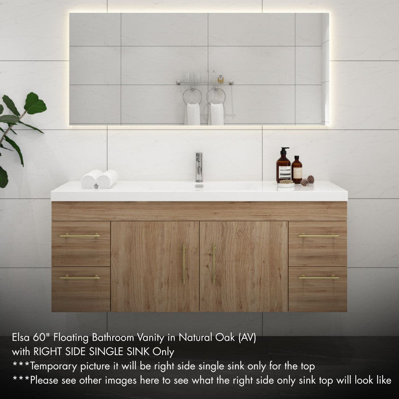 Moreno Bath ELSA60SRWH Elsa 60" Floating Bathroom Vanity with Reinforced Acrylic Single Sink Top (Right Side)