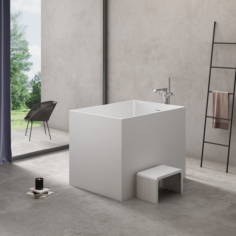 Magnus 145841 43" Haru Solid Surface Stone Resin Japanese Rectangular Soaking Bathtub with Integral Seat