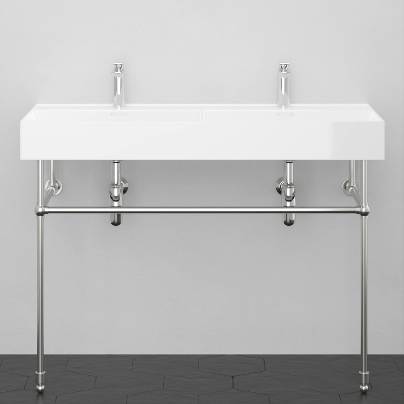 48" Wanchen Fireclay Double-Bowl Console Bathroom Sink with Steel Stand