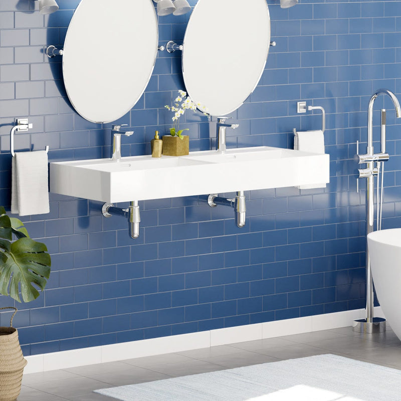 48" Wanchen Fireclay Double-Bowl Wall-Mount Bathroom Sink