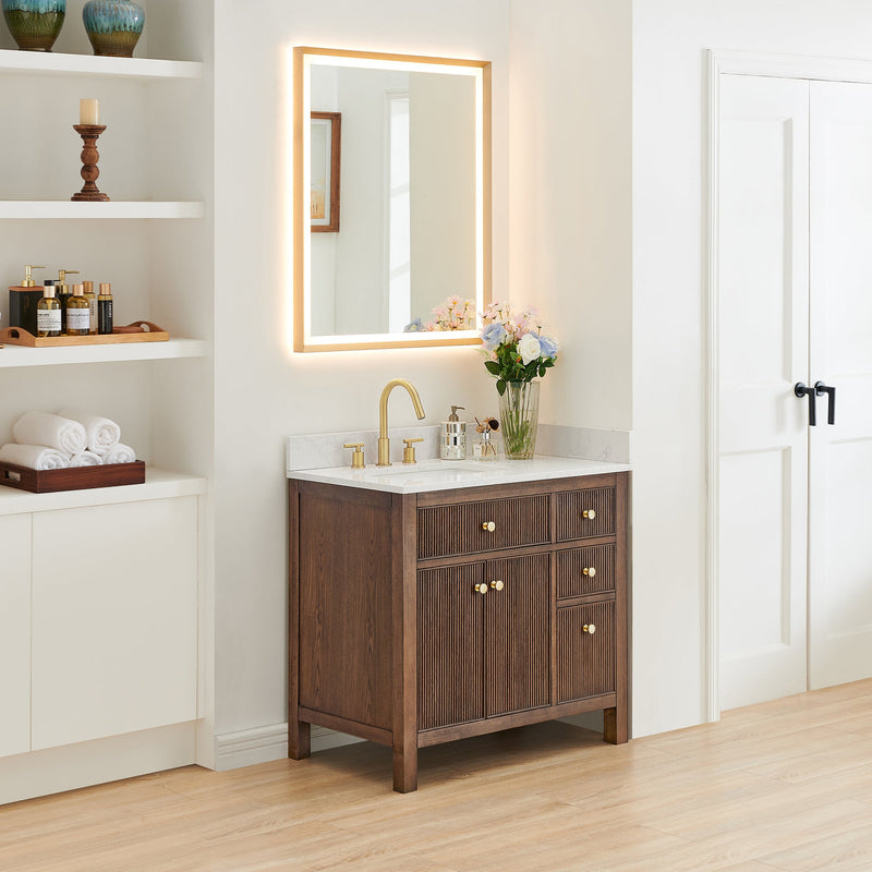 Altair 567036-BK-GW-NM Cerrito 36" Brown Brushed Oak Freestanding Single Sink Bathroom Vanity with Grain White Engineered Stone Top - view 3