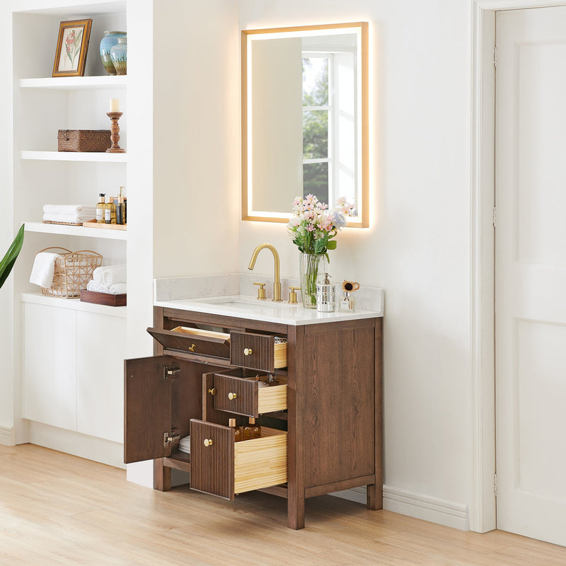Altair 567036-BK-GW-NM Cerrito 36" Brown Brushed Oak Freestanding Single Sink Bathroom Vanity with Grain White Engineered Stone Top - view 4