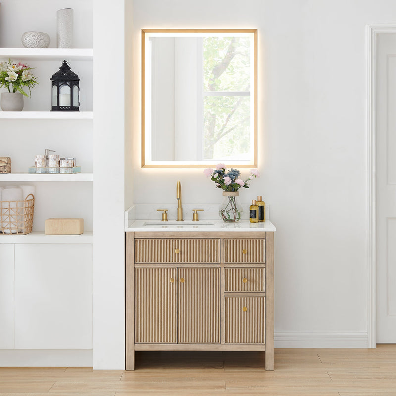 Altair 567036-NK-GW-NM Cerrito 36" Natural Oak Freestanding Single Sink Bathroom Vanity with Grain White Engineered Stone Top - view 2