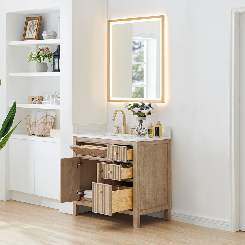 Altair 567036-NK-GW-NM Cerrito 36" Natural Oak Freestanding Single Sink Bathroom Vanity with Grain White Engineered Stone Top - view 4