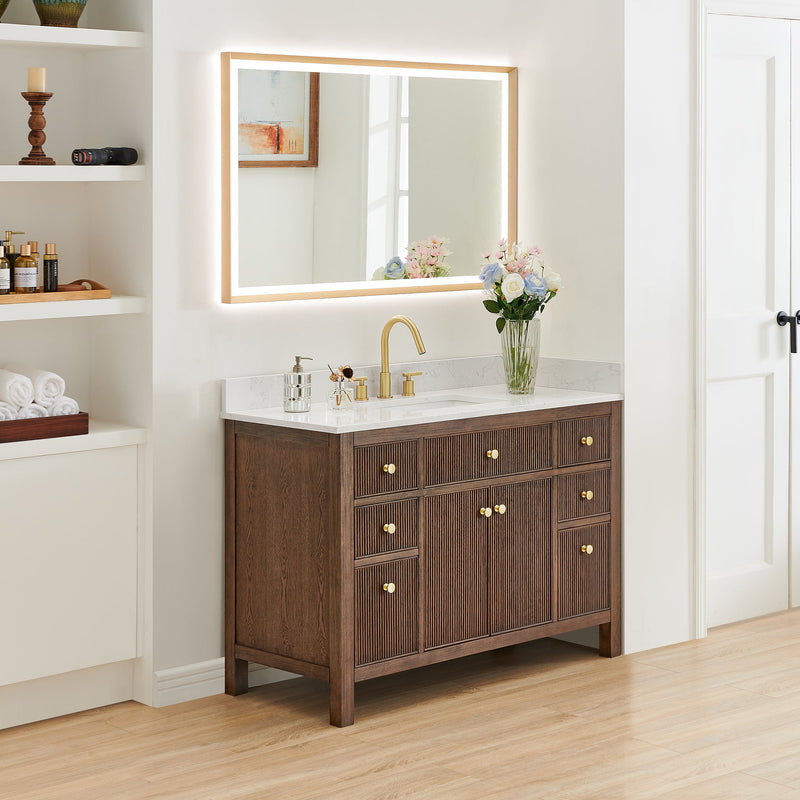 Altair 567048-BK-GW-NM Cerrito 48" Brown Brushed Oak Freestanding Single Sink Bathroom Vanity with Grain White Engineered Stone Top - view 3