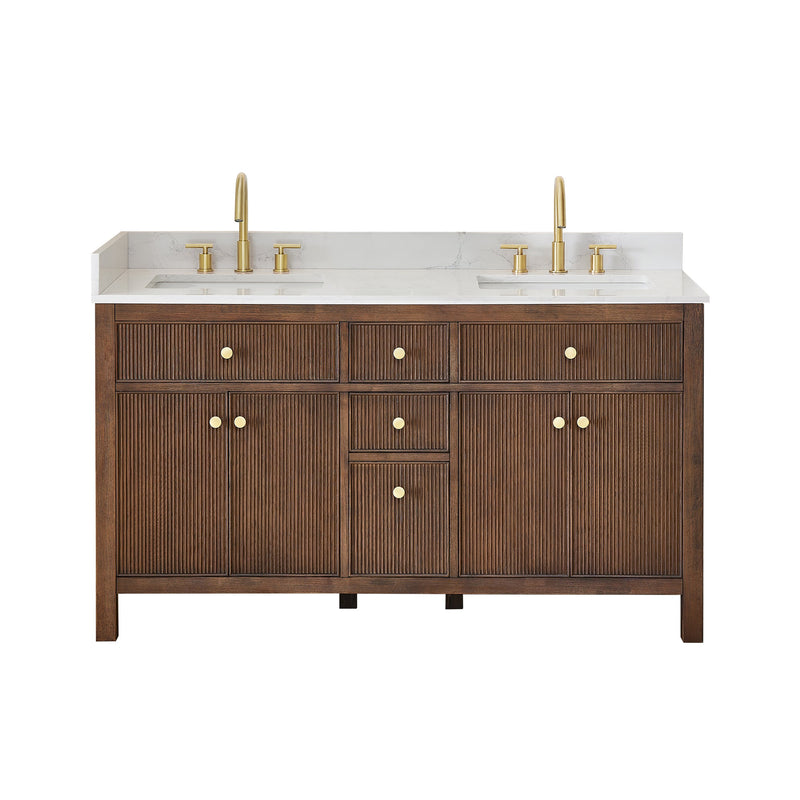 Altair 567060-BK-GW-NM Cerrito 60" Brown Brushed Oak Freestanding Double Sink Bathroom Vanity with Grain White Engineered Stone Top
