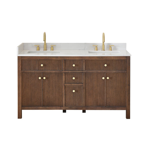 Altair 567060-BK-GW-NM Cerrito 60" Brown Brushed Oak Freestanding Double Sink Bathroom Vanity with Grain White Engineered Stone Top