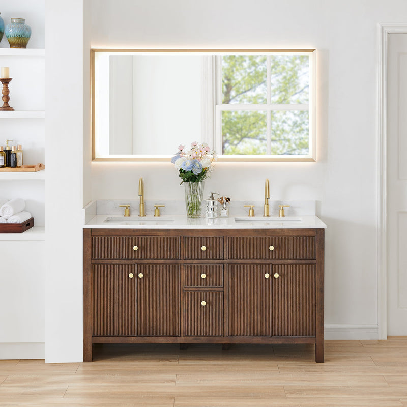 Altair 567060-BK-GW-NM Cerrito 60" Brown Brushed Oak Freestanding Double Sink Bathroom Vanity with Grain White Engineered Stone Top - view 2
