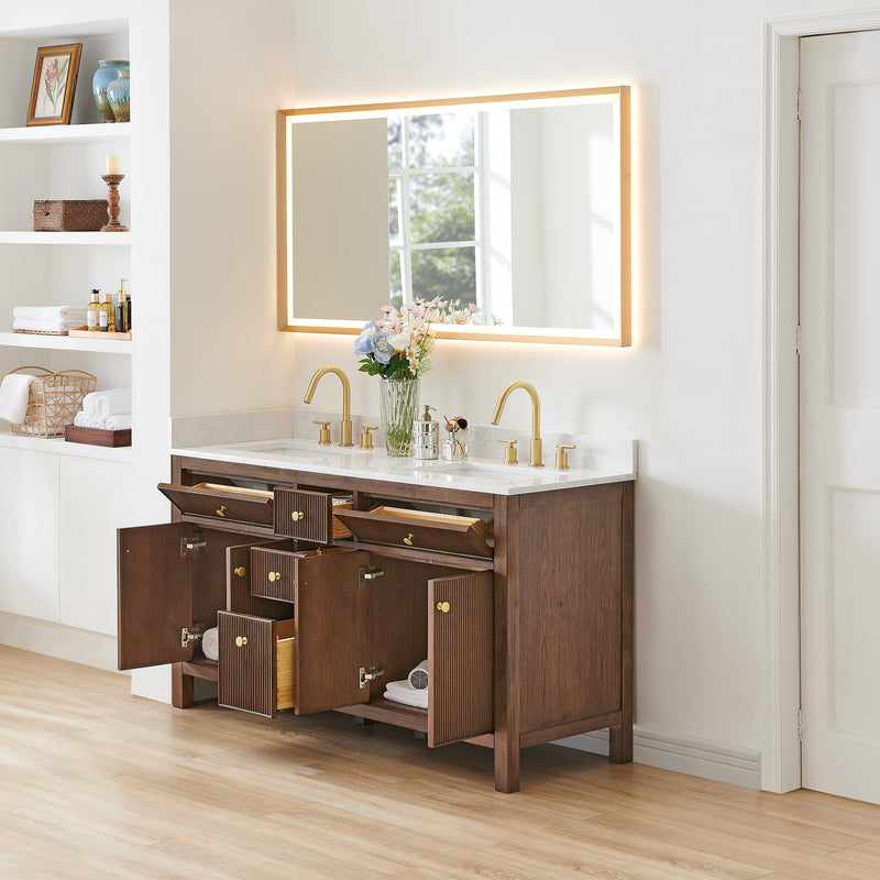 Altair 567060-BK-GW-NM Cerrito 60" Brown Brushed Oak Freestanding Double Sink Bathroom Vanity with Grain White Engineered Stone Top - view 4