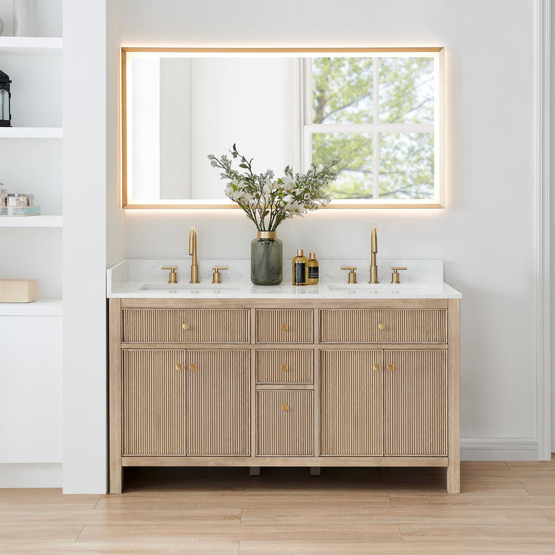Altair 567060-NK-GW-NM Cerrito 60" Natural Oak Freestanding Double Sink Bathroom Vanity with Grain White Engineered Stone Top - view 2