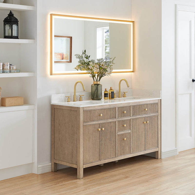 Altair 567060-NK-GW-NM Cerrito 60" Natural Oak Freestanding Double Sink Bathroom Vanity with Grain White Engineered Stone Top - view 3