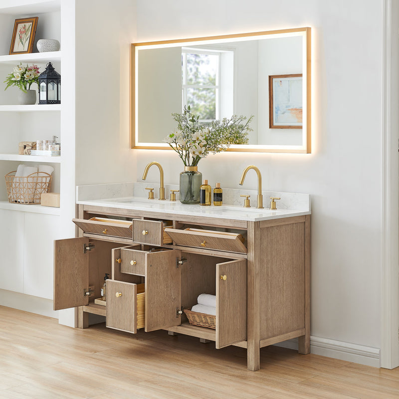 Altair 567060-NK-GW-NM Cerrito 60" Natural Oak Freestanding Double Sink Bathroom Vanity with Grain White Engineered Stone Top - view 4