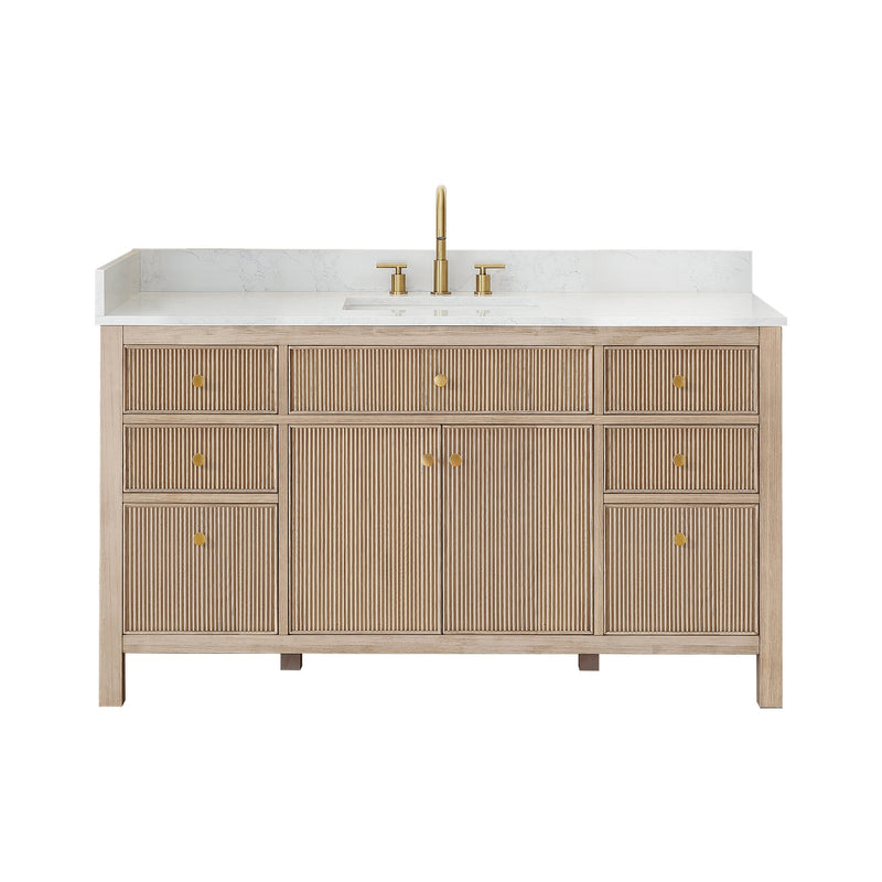Altair 567060S-NK-GW-NM Cerrito 60" Natural Oak Freestanding Single Sink Bathroom Vanity with Grain White Engineered Stone Top