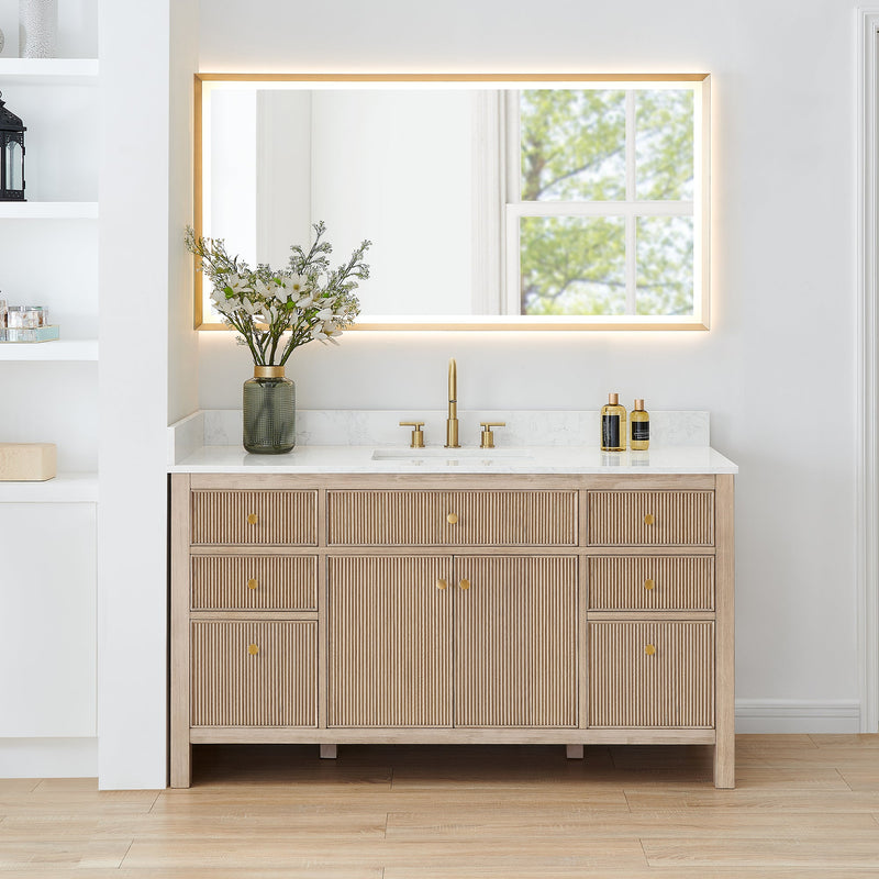 Altair 567060S-NK-GW-NM Cerrito 60" Natural Oak Freestanding Single Sink Bathroom Vanity with Grain White Engineered Stone Top - view 2