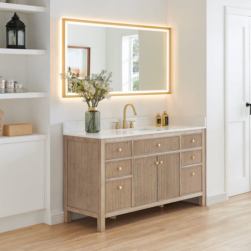 Altair 567060S-NK-GW-NM Cerrito 60" Natural Oak Freestanding Single Sink Bathroom Vanity with Grain White Engineered Stone Top - view 3
