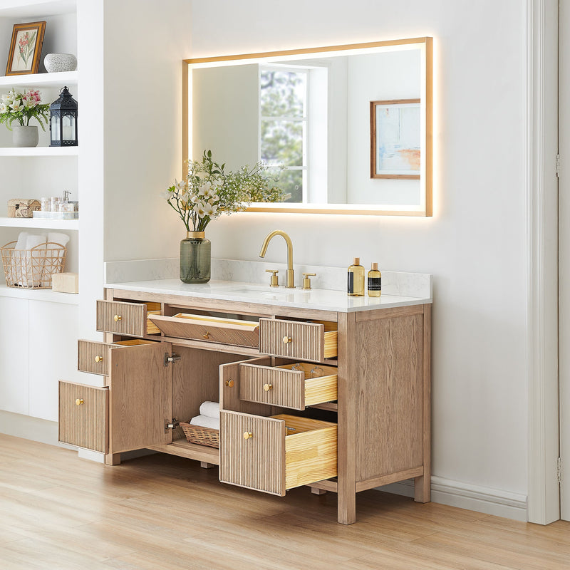 Altair 567060S-NK-GW-NM Cerrito 60" Natural Oak Freestanding Single Sink Bathroom Vanity with Grain White Engineered Stone Top - view 4