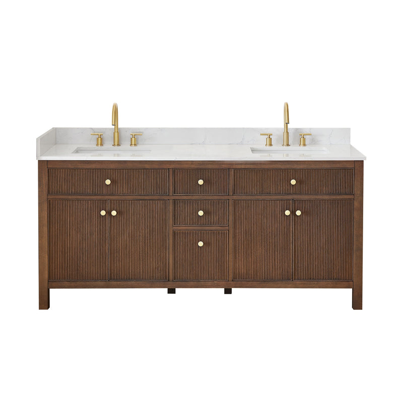 Altair 567072-BK-GW-NM Cerrito 72" Brown Brushed Oak Freestanding Double Sink Bathroom Vanity with Grain White Engineered Stone Top