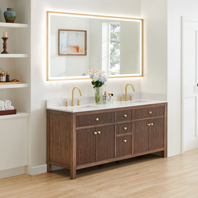 Altair 567072-BK-GW-NM Cerrito 72" Brown Brushed Oak Freestanding Double Sink Bathroom Vanity with Grain White Engineered Stone Top - view 3