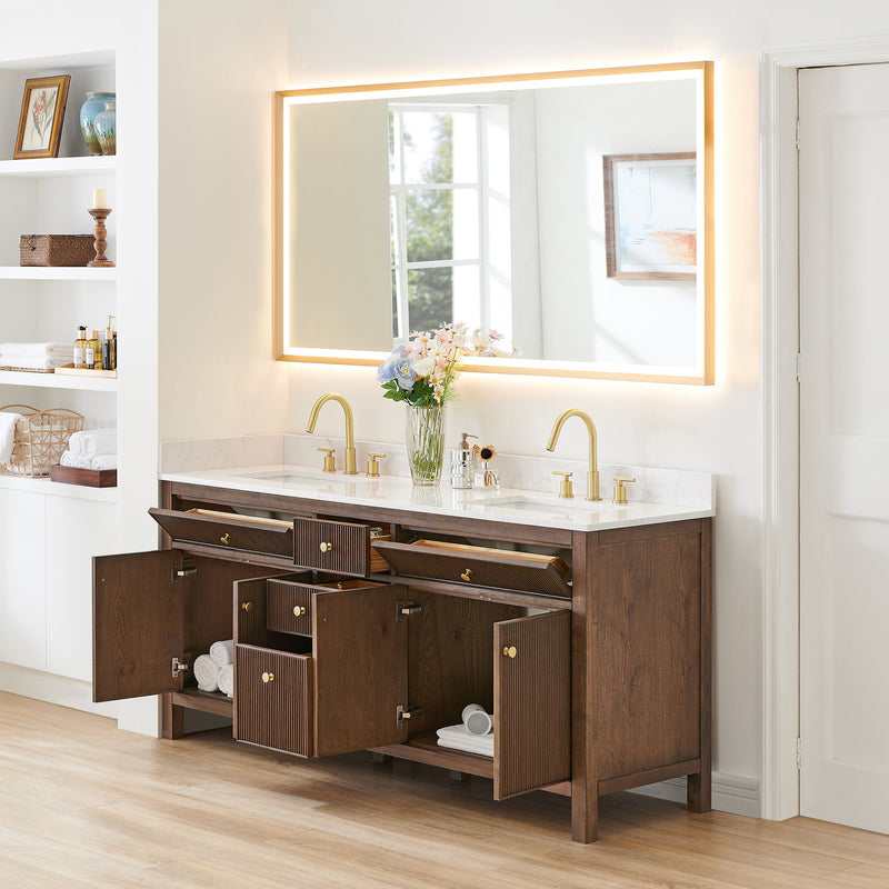 Altair 567072-BK-GW-NM Cerrito 72" Brown Brushed Oak Freestanding Double Sink Bathroom Vanity with Grain White Engineered Stone Top - view 4