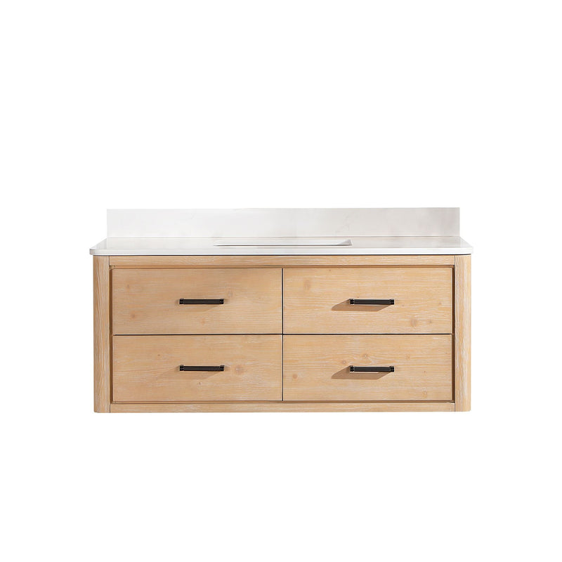 Vinnova 706648-FN-BK Cristo 48" Floating Single Bath Vanity in Fir Wood Brown with Fish Maw White Quartz Stone Top