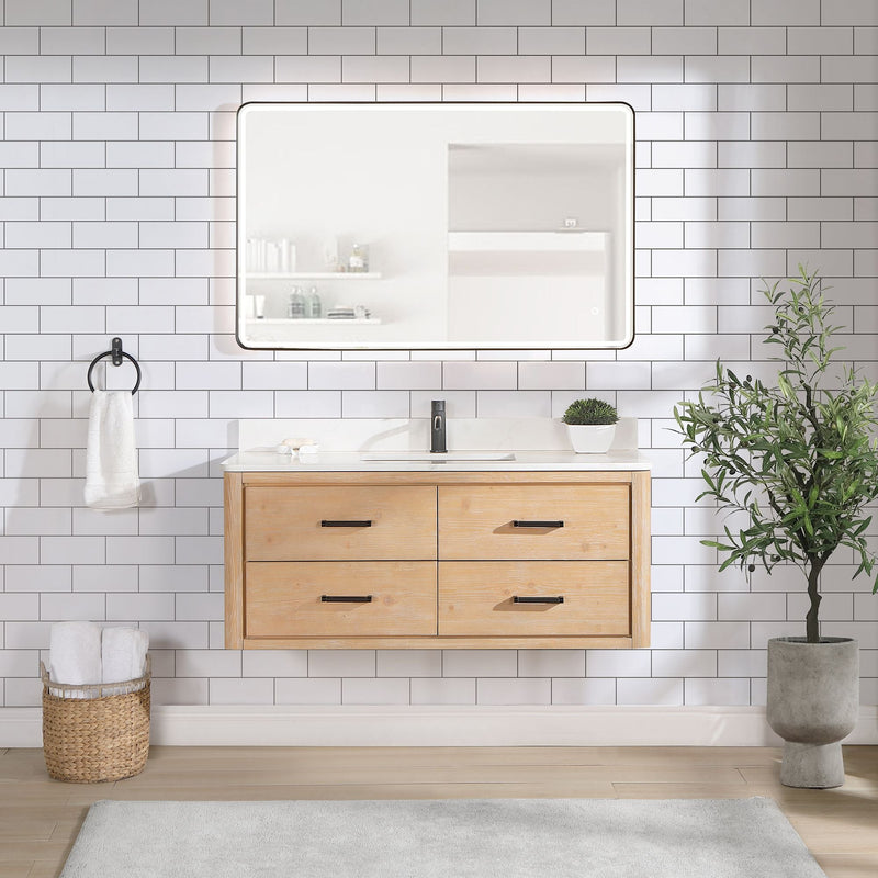 Vinnova 706648-FN-BK Cristo 48" Floating Single Bath Vanity in Fir Wood Brown with Fish Maw White Quartz Stone Top