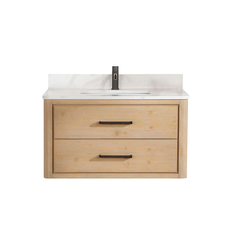 Vinnova 706636-FN-BK Cristo 36" Floating Single Bath Vanity in Fir Wood Brown with Fish Maw White Quartz Stone Top