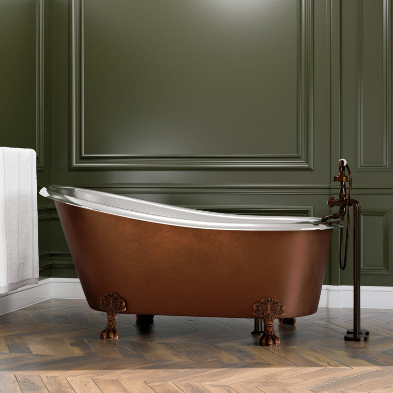 Magnus 157428 66" Jadaro Single Slipper Copper Clawfoot Tub with Rolled Rim - Polished Nickel Interior with Antique Copper Exterior