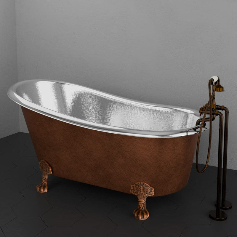 Magnus 157428 66" Jadaro Single Slipper Copper Clawfoot Tub with Rolled Rim - Polished Nickel Interior with Antique Copper Exterior