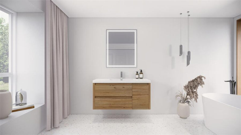Moreno Bath JAD48L Jade 48" Floating Bathroom Vanity Set with Reinforced Acrylic Single Sink Top (Left Drawer) - Natural Oak