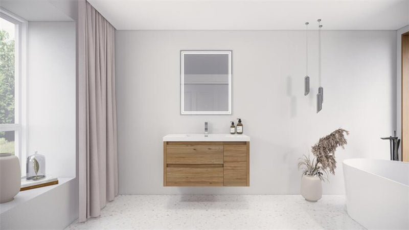 Moreno Bath JAD36L Jade 36" Floating Bathroom Vanity Set with Reinforced Acrylic Sink Top (Left Drawer) - Natural Oak