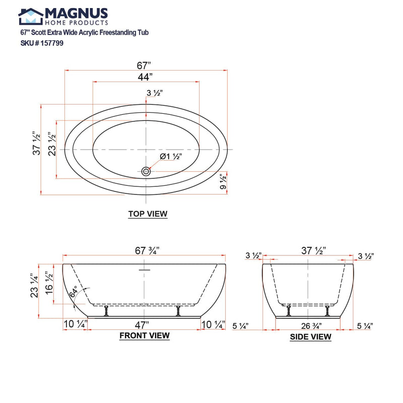 Magnus 157799 67" Scott Extra Wide Acrylic Freestanding Tub With Insulation