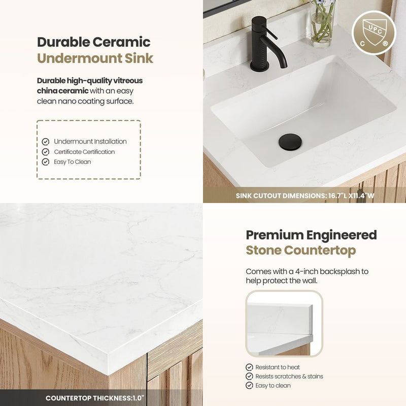 Vinnova 704224-AN-GW Shenzhen 24" Single Sink Bath Vanity in Aged Natural Oak